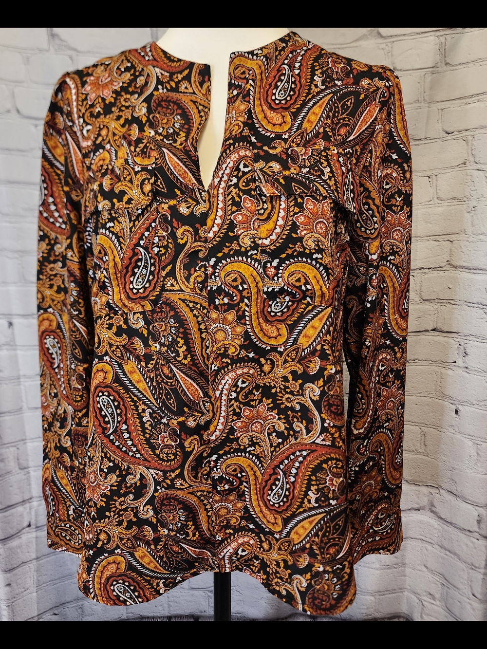 Jones New York Black Paisley Long-Sleeve Shirt with Mustard and Rust Accents